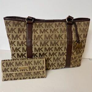 Michael Kors Tan and Brown Monogram Tote and Wallet
